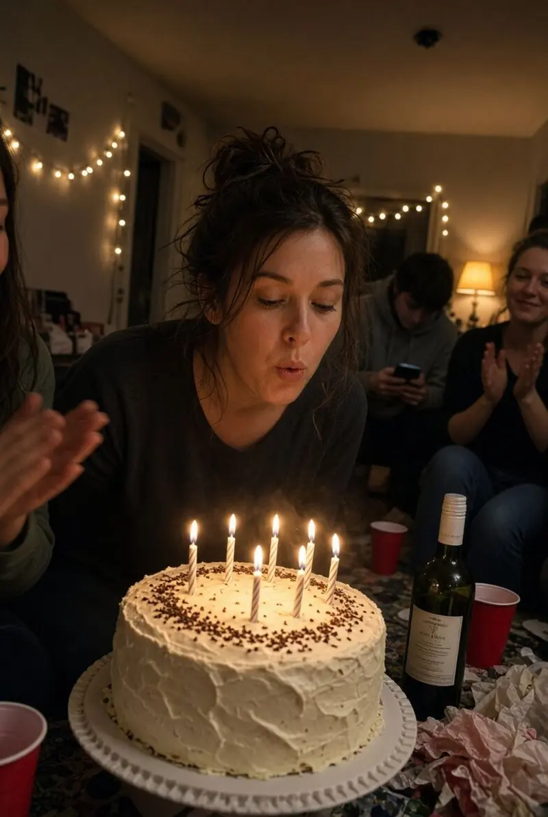 A friend blows out the candles on her cake while everyone around her claps.