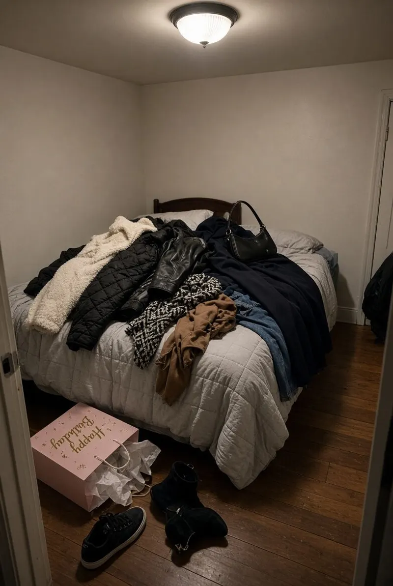 The guests’ coats piled up on a bed.