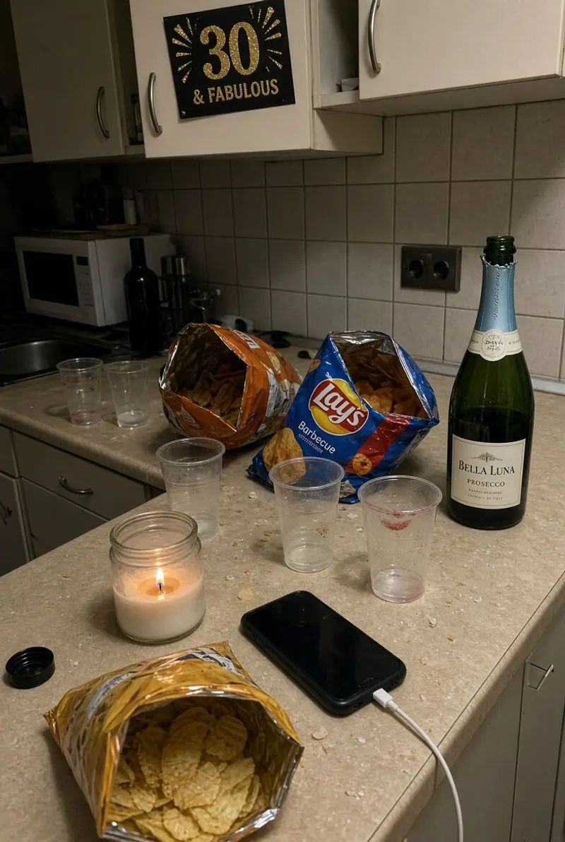 The kitchen counter mid-party: champagne, chips and a candle.