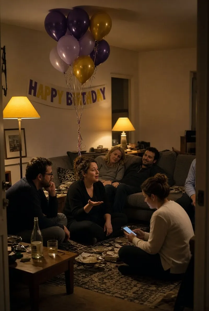 The living room seen from the hallway during a birthday party.