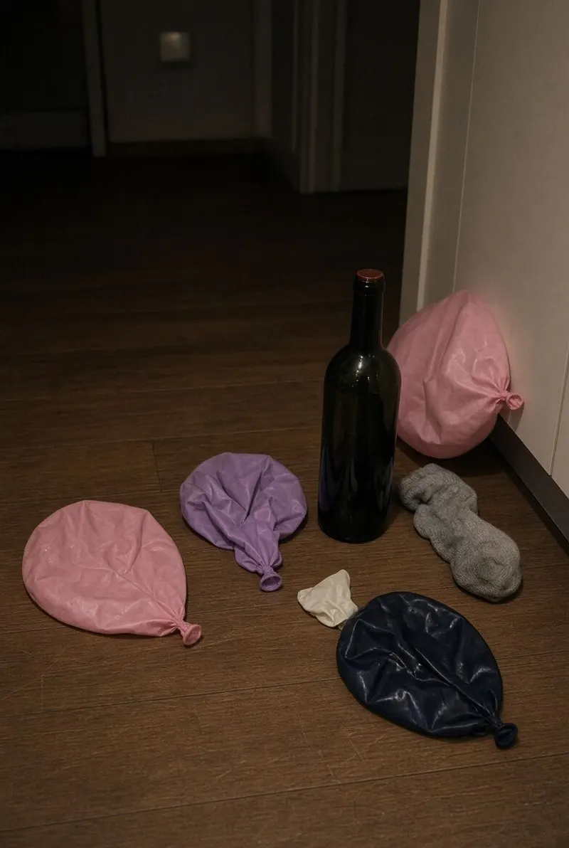 Deflated balloons and an empty bottle on the floor at the end of the night.