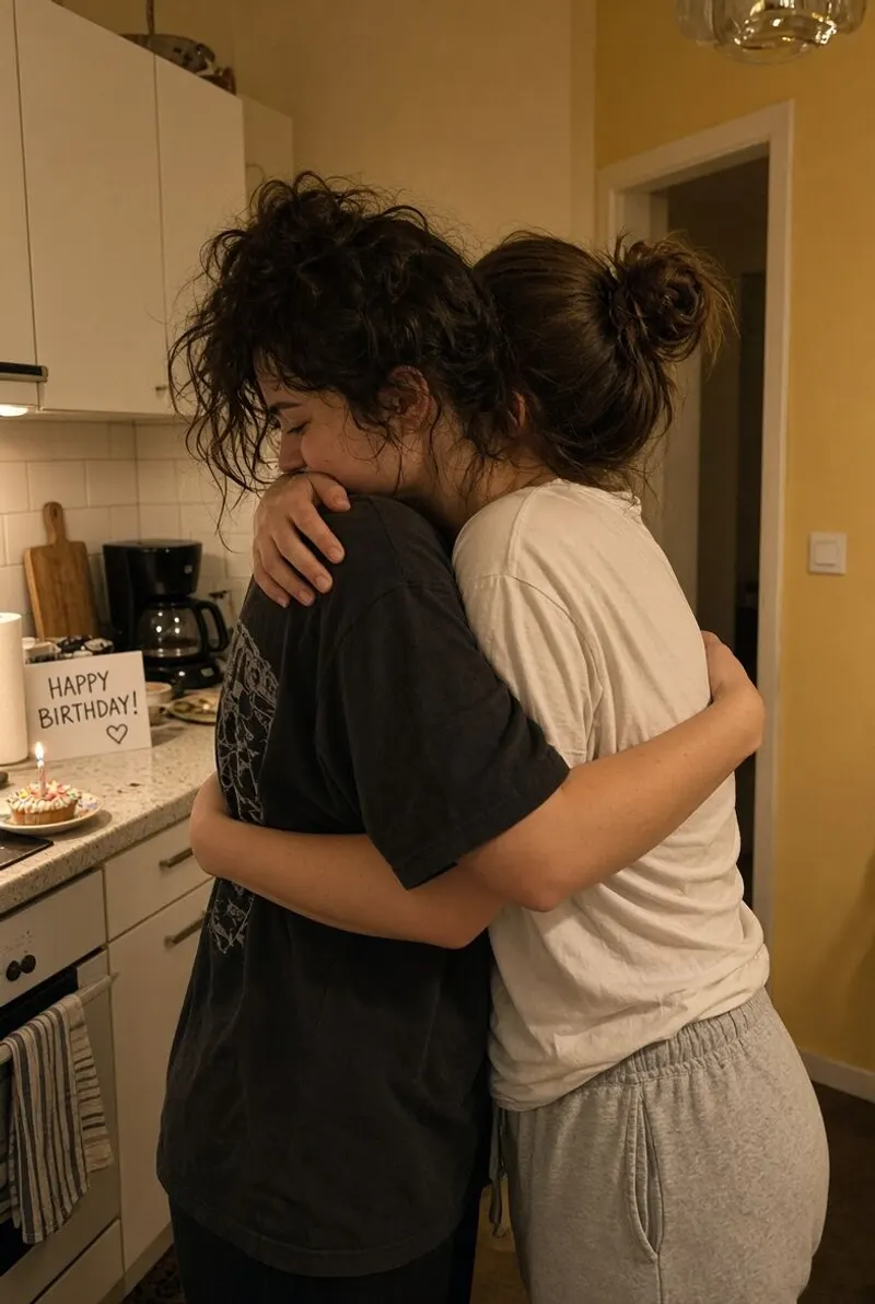 A spontaneous hug in the kitchen during the party.