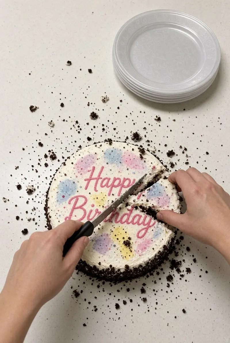Two hands cut a birthday cake, seen from above.