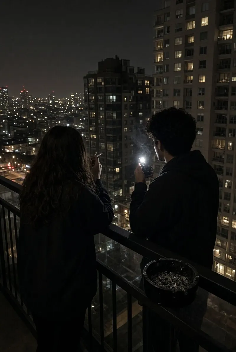 Two friends talk on the balcony with the city lights behind them.