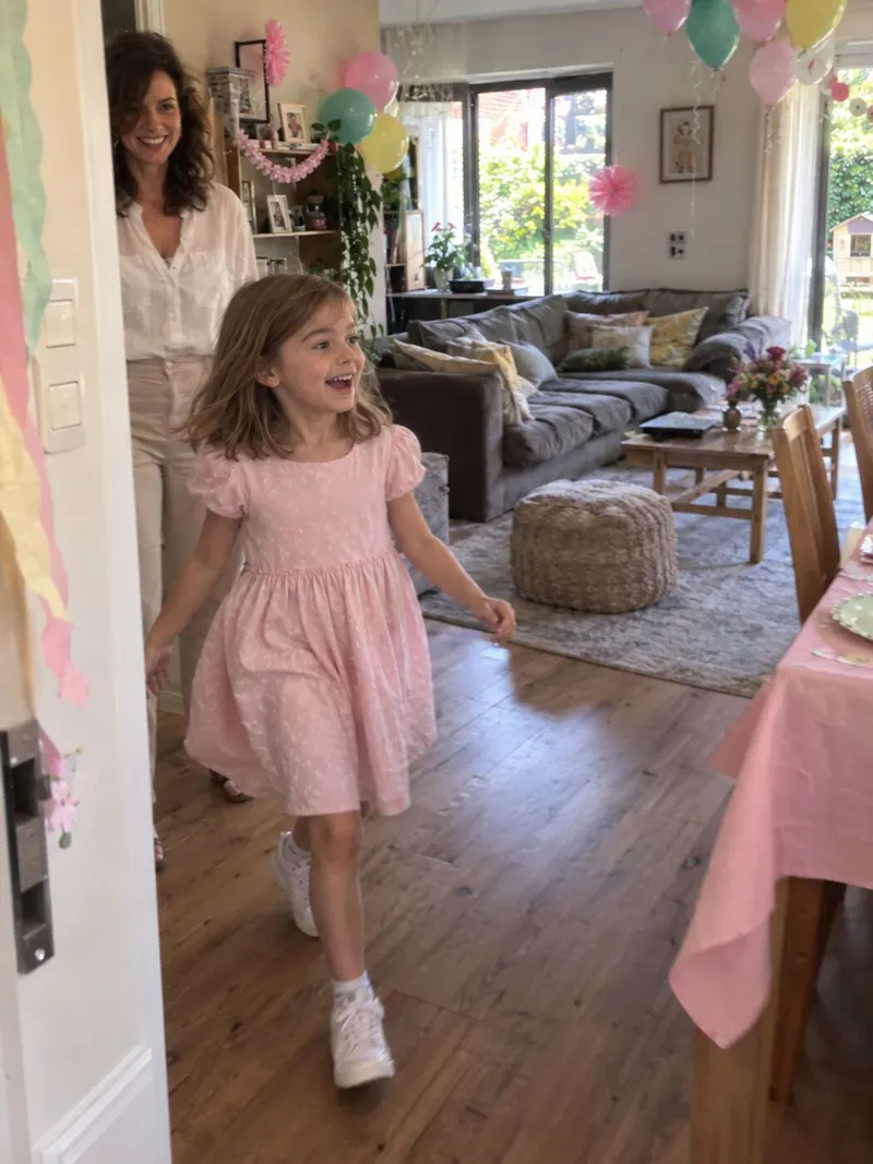 A little girl runs laughing toward the camera at a birthday party.