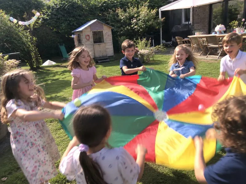 Children play with a big rainbow parachute in the garden.