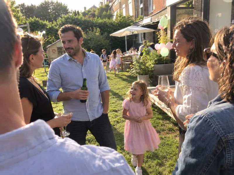 The parents chat in the garden while the children play.