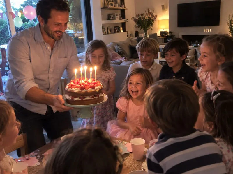 A father brings the birthday cake to a crowd of excited children.