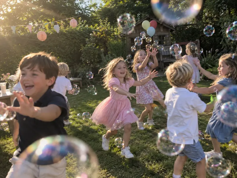 Children run laughing through soap bubbles.