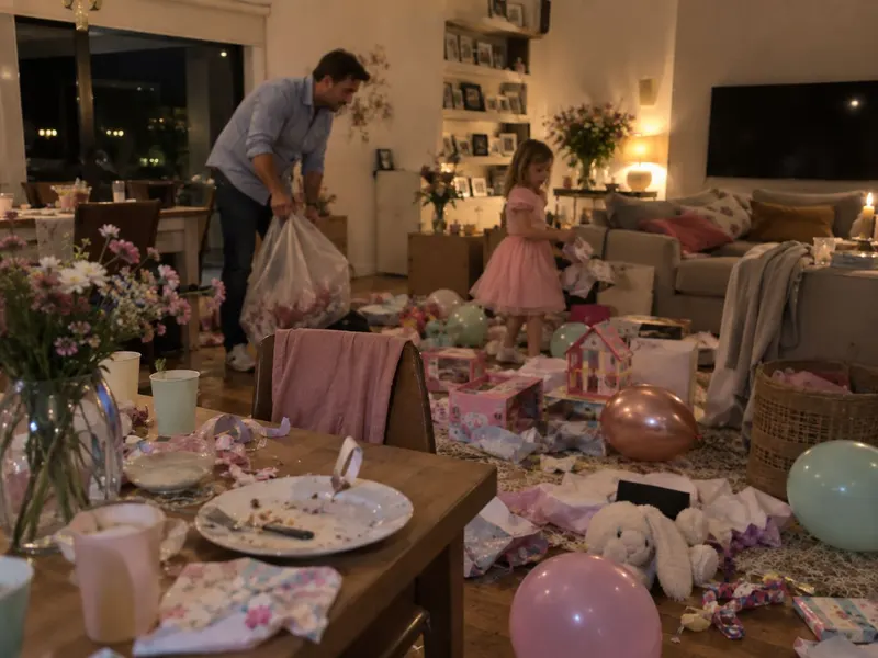 The party table at the end of the day, among plates, balloons and wrapping paper.