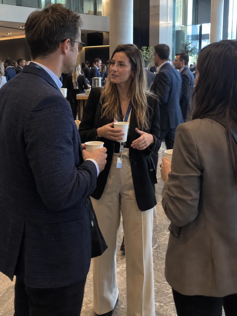 Three colleagues chat over coffee during the break.