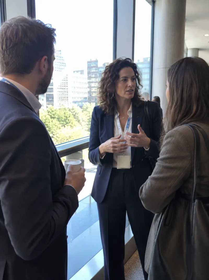 Three colleagues talk by a large window.