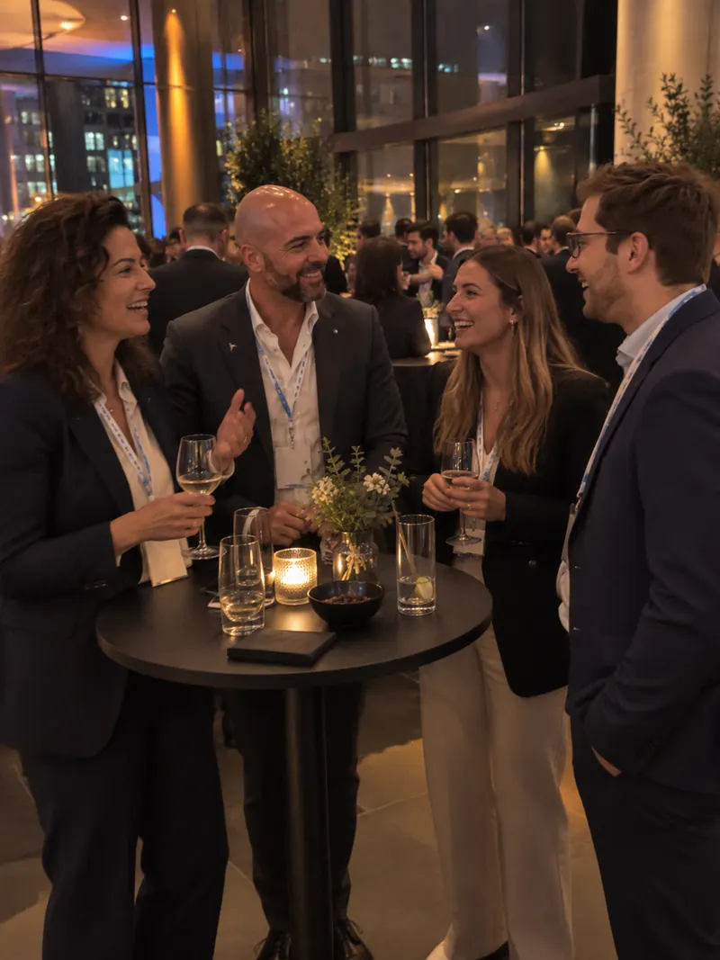 Four colleagues around a high table at the evening reception.