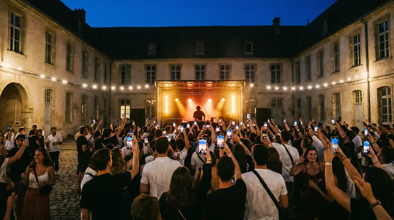 The courtyard of an old building at night: a DJ on stage and a crowd holding up their phones.