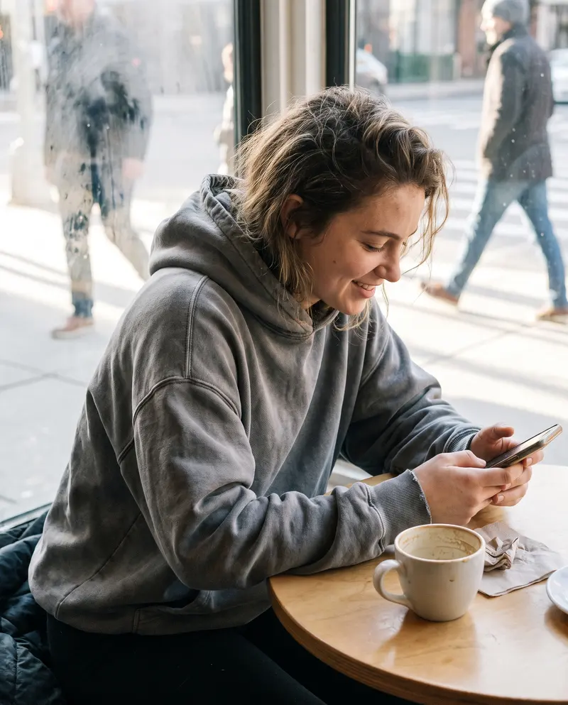The morning after, in a café, a young woman smiles looking at her photos on her phone.