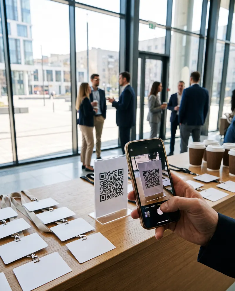 At the welcome desk of a seminar, a participant scans the QR code next to the name badges and coffee cups.