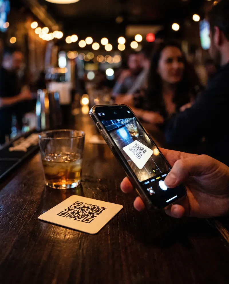 A hand scans the QR code on a bar table with a phone.