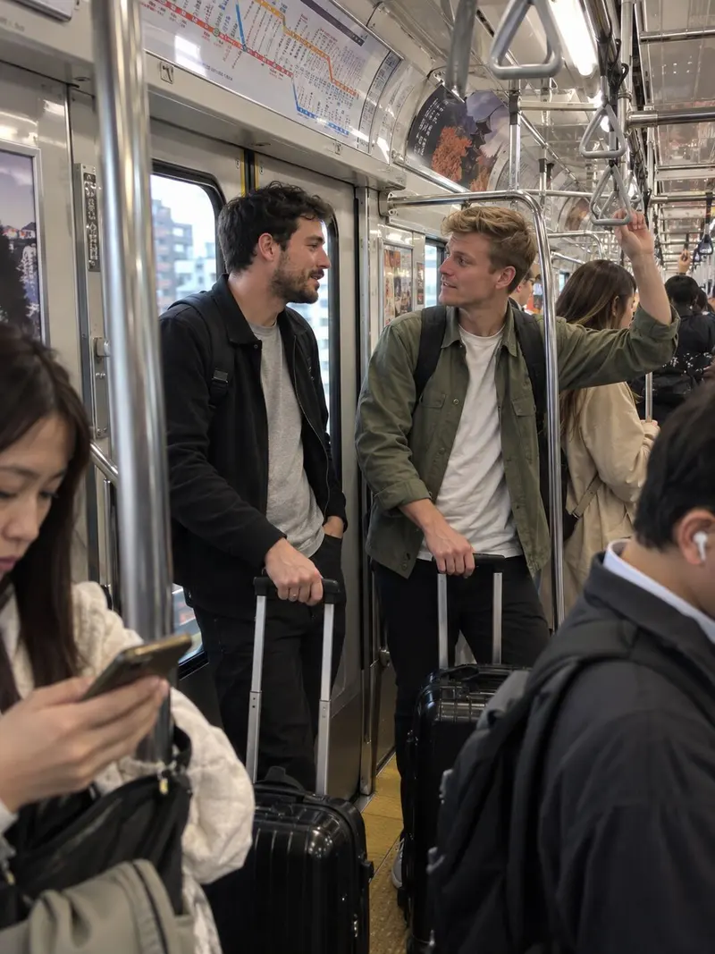 Two friends talk, suitcases in hand, on a Tokyo subway train.