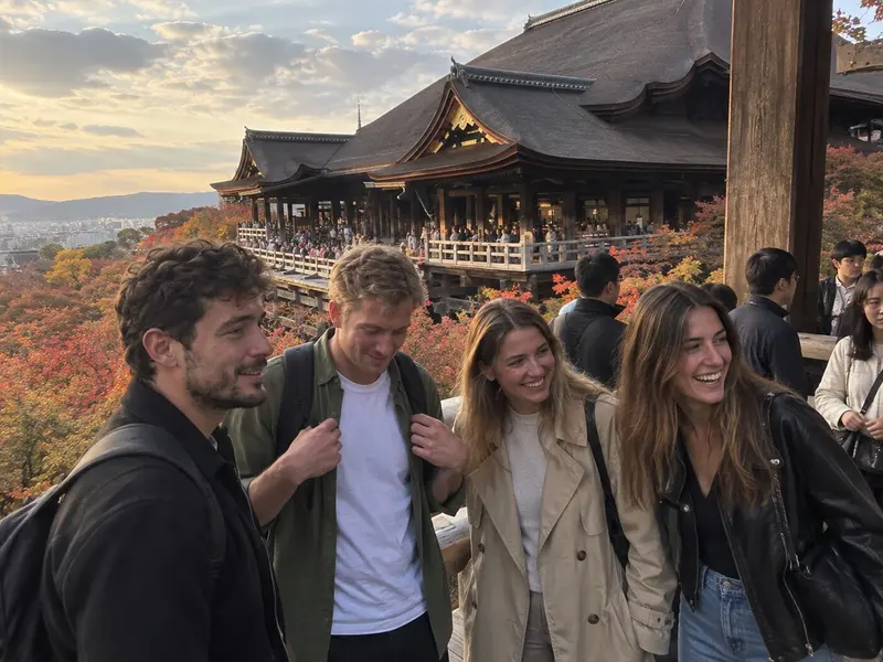 Four friends laugh on the terrace of a Kyoto temple surrounded by red maples.