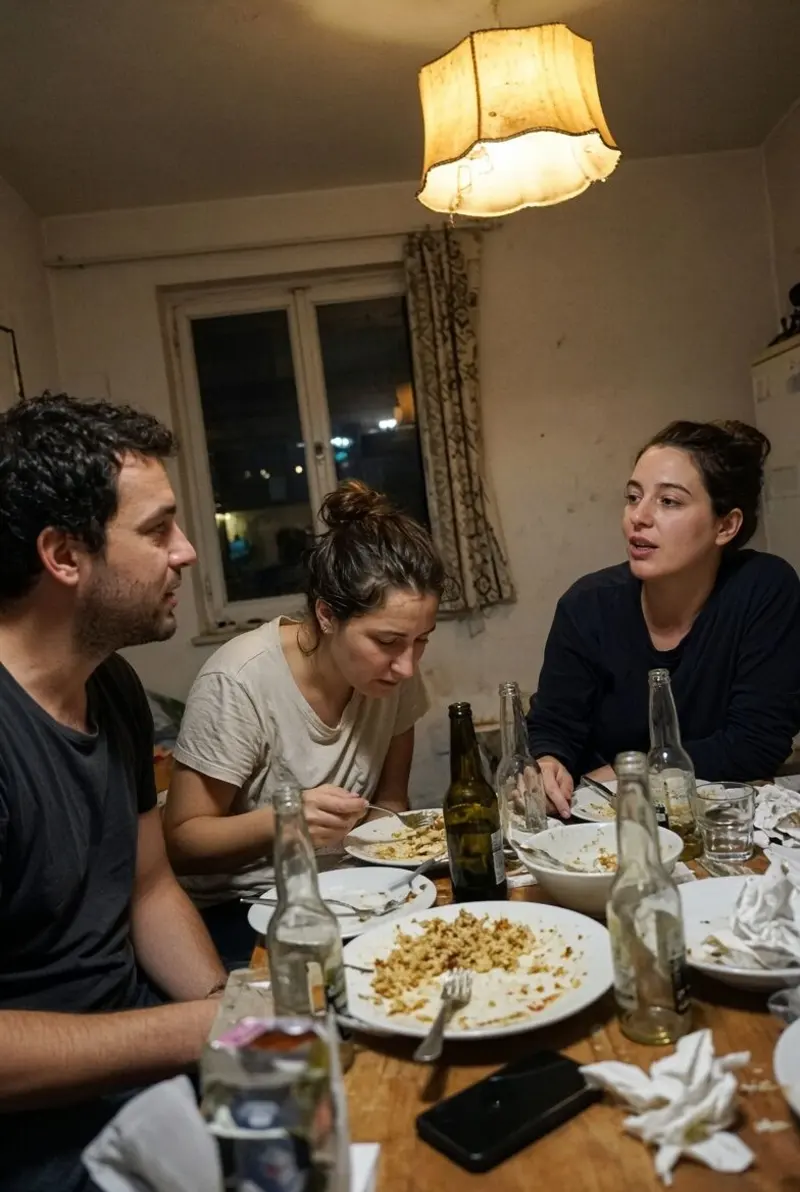 Three friends at the table in an apartment over a dish of pasta.
