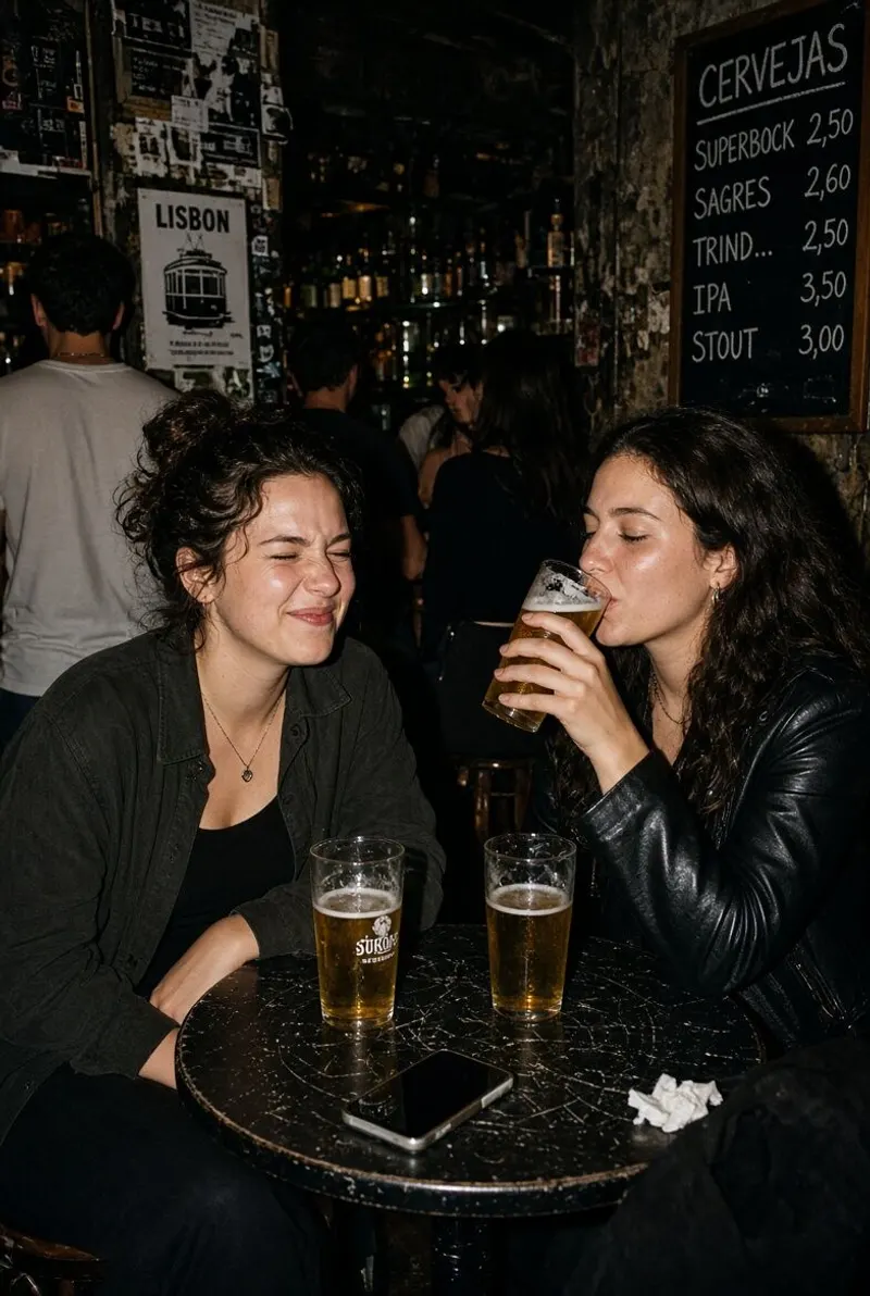 Two friends burst out laughing over a beer in a Lisbon bar.