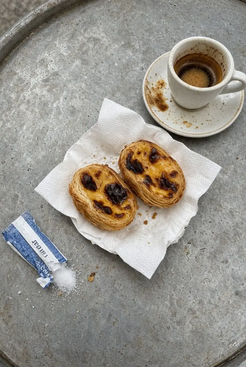 Two pastéis de nata and a coffee on a metal table.