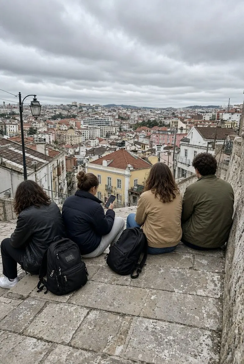 Four friends sit on a wall, backs to the camera, facing the rooftops of Lisbon.