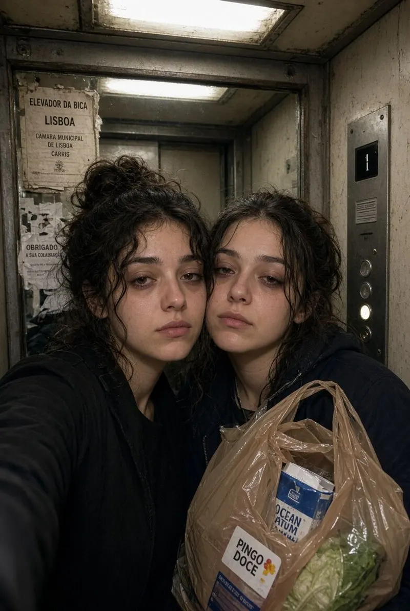 Two friends squeezed together in an elevator, a grocery bag in hand.