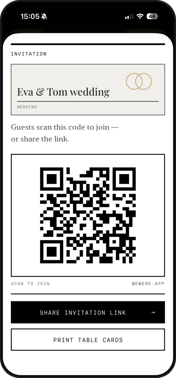 The WeWere invitation with the QR code and the printable table card