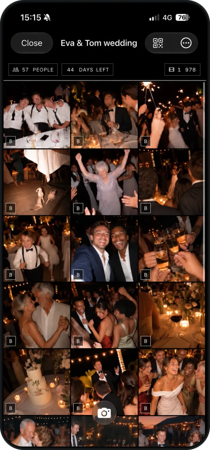 A wedding’s live album in the WeWere app, filled by the guests