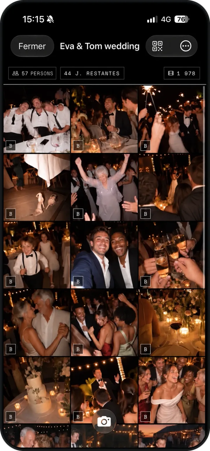 L’album en direct d’un mariage dans l’app WeWere, rempli par les invités