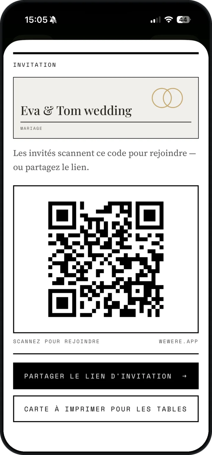 L’invitation WeWere avec le QR code et la carte de table à imprimer
