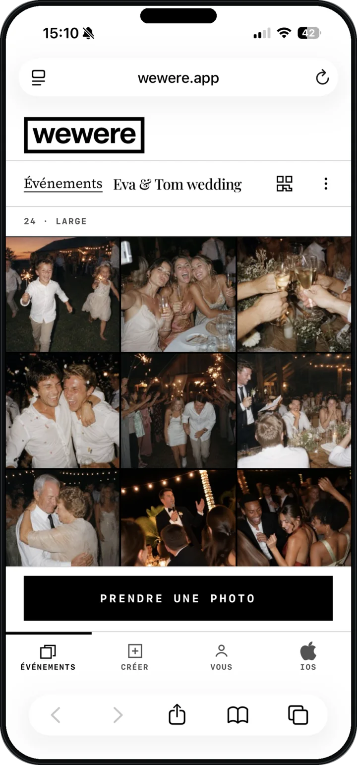Un invité rejoint l’album du mariage depuis Safari, sans installer d’app