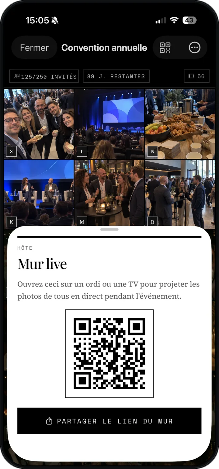 L’app WeWere : l’écran de partage du mur photo en direct d’une convention, avec son QR code.