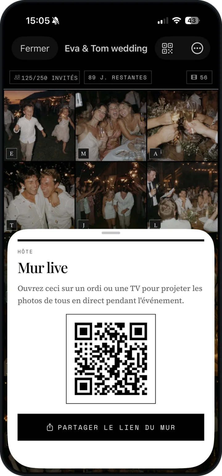 Le mur photo en direct de WeWere : un QR à ouvrir sur un ordinateur ou une TV pour projeter les photos